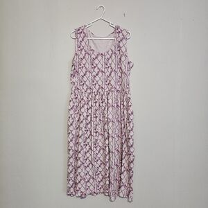 NWT Kate Quinn Sleeveless Scoop Neck Gathered Midi Dress Pink Trellis Birds